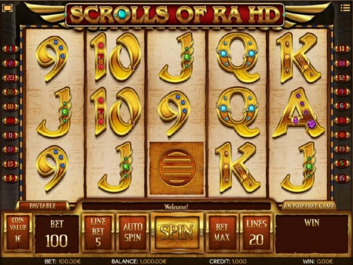 Main game board featuring five reels and 20 paylines with a $50,000 max payout by All Online Pokies