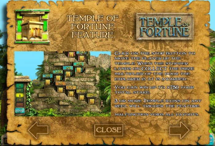 Temple of Fortune feature. You can win up to x750 your total stake. 3 or more temple icons on any reel will trigger the feature - All Online Pokies