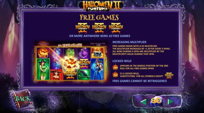 Free Games Rules - Three or more game logo scatter symbols anywhere wins 10 free games with increasing multiplier and locked wild on center reel - All Online Pokies