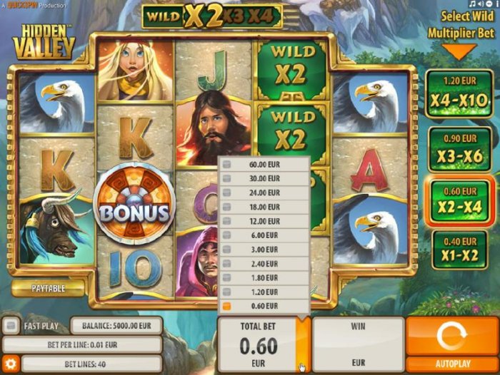 Select your bet level from the wide range of betting options. Just click on the up-arrow to open and click on your prefered bet value. by All Online Pokies