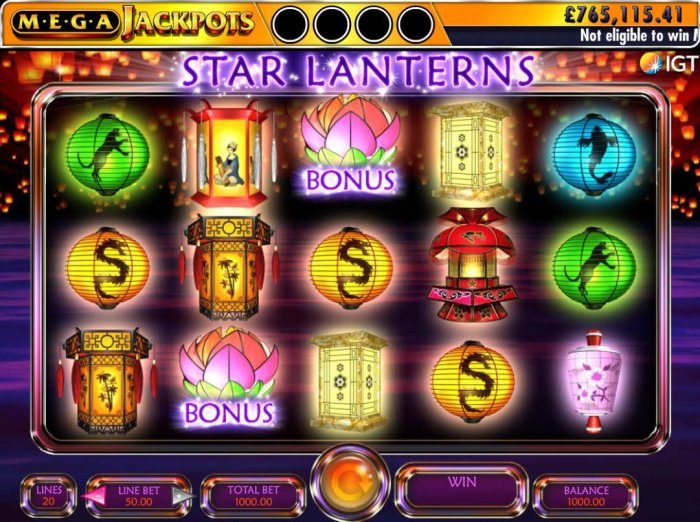 A Chinese festival of lanterns themed main game board featuring five reels and 20 paylines with a $250,000 max payout - All Online Pokies
