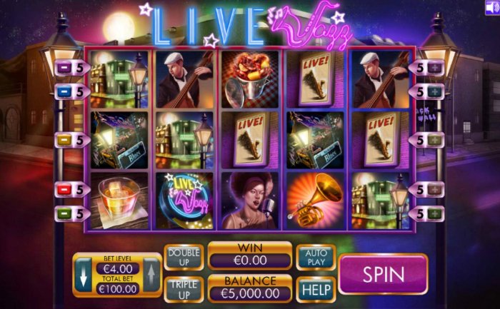 Main game board featuring five reels and 5 paylines with a $4,000 max payout - All Online Pokies