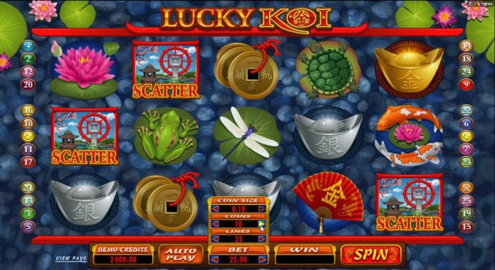 main game board featuring five reels and 25 paylines - All Online Pokies