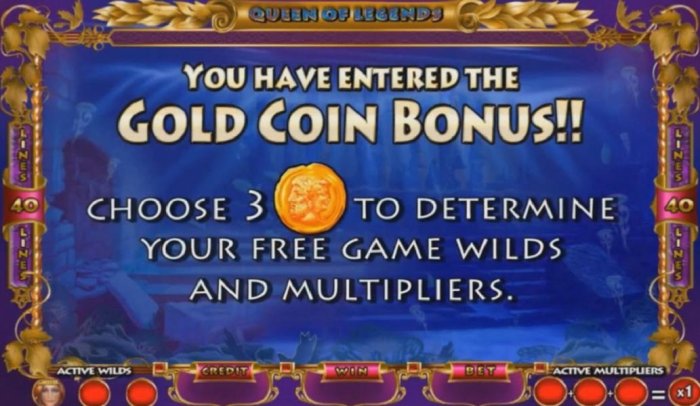 Entering the Gold Coin Bonus, Choose 3 gold coins to determine your free game wilds and multipliers. - All Online Pokies
