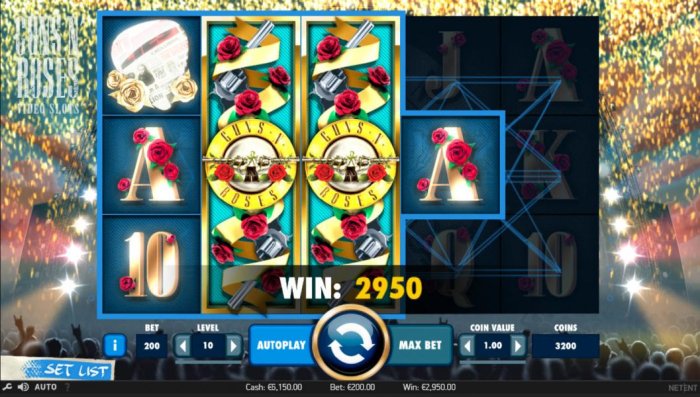 Multiple winning paylines triggered by a pair of stacked wilds on reels 2 and 3 leads to a 2950 coin jackpot. - All Online Pokies