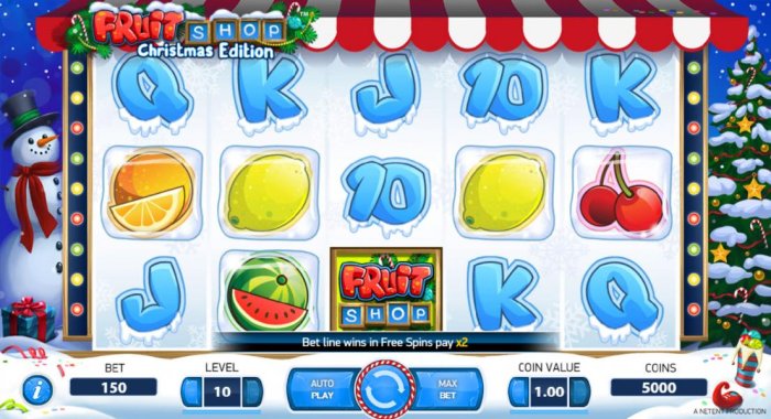 Main game board themed around frozen fruit, featuring five reels and 15 paylines with a $80,000 max payout by All Online Pokies