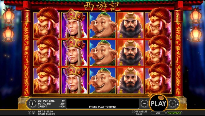All Online Pokies - Main game board featuring five reels and 25 paylines with a $50,000 max payout