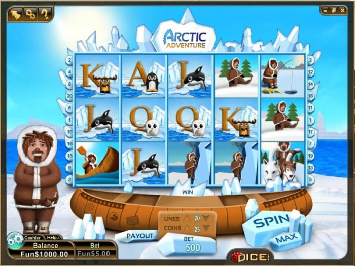 Main game board featuring five reels and 20 paylines with a $1,250 max payout - All Online Pokies