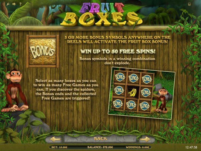 3 or more bonus symbols anywhere on the reels will activate the Fruit box Bonus! Win up to 50 free spins! - All Online Pokies