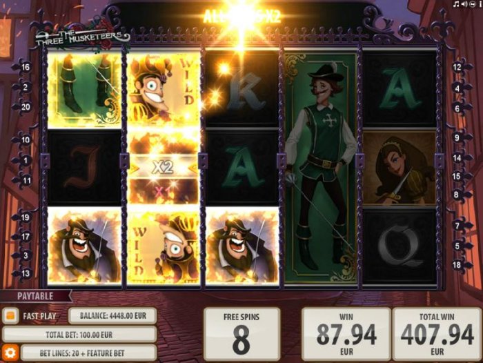 Wild symbol on 2nd reel with multiplier reel triggeres multiple winning paylines by All Online Pokies