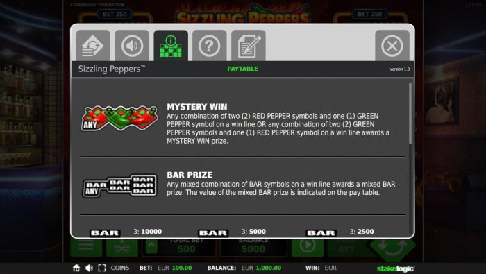 Mystery Win - Any combination of two red pepper symbols and 1 green pepper symbol on a win line or any combination of 2 green pepper symbols and 1 red pepper symbol on a win line awards a mystery win prize. by All Online Pokies