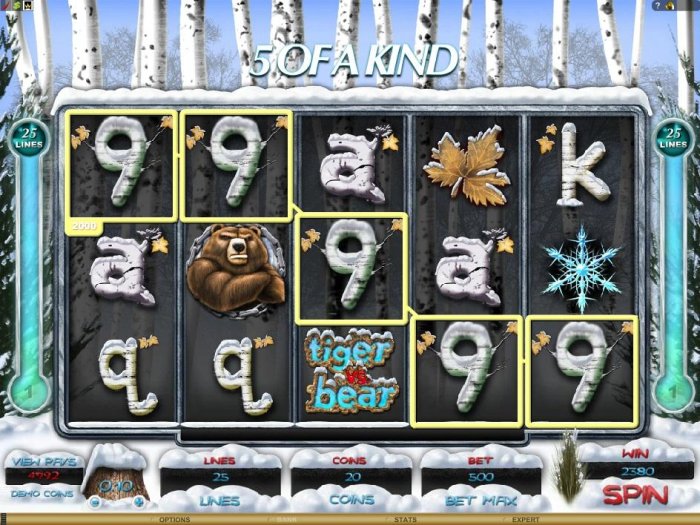 All Online Pokies - A five of a kind leads to a 2380 coin big win.