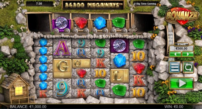 A gemstone themed main game board featuring five reels and 34300 ways to win with a $25,000 max payout by All Online Pokies