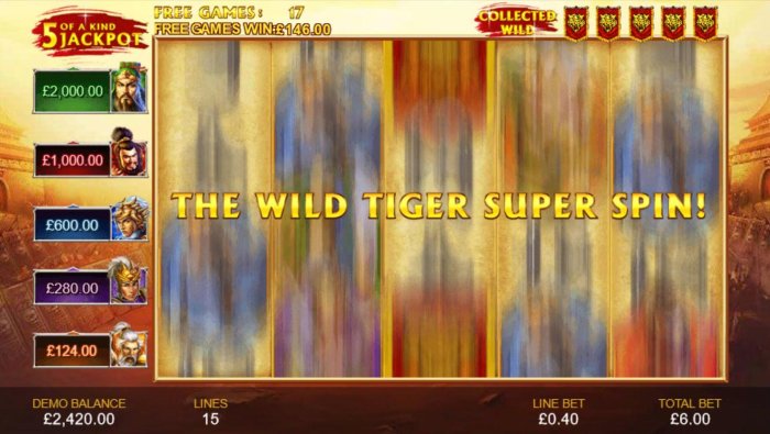 Collecting five tiger symbols will trigger the Wild Tiger Super Spin. by All Online Pokies