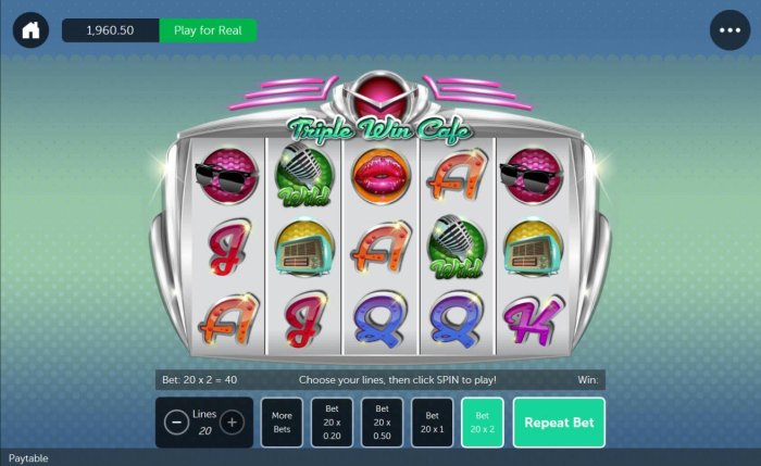 An American diner themed main game board featuring five reels and 20 paylines with a $40,000 max payout by All Online Pokies
