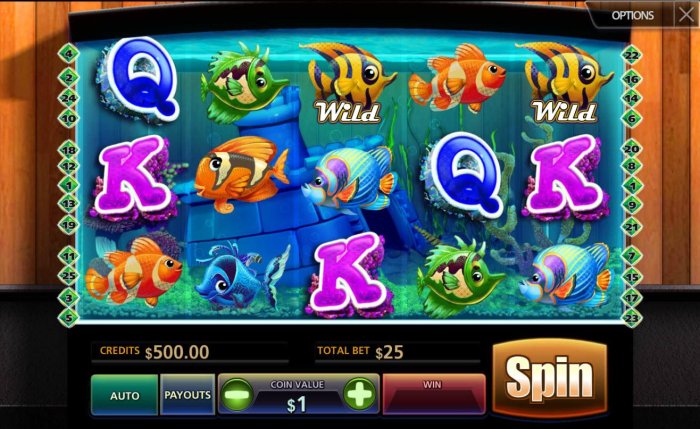 Main game board featuring five reels and 25 paylines with a $4,000 max payout. - All Online Pokies
