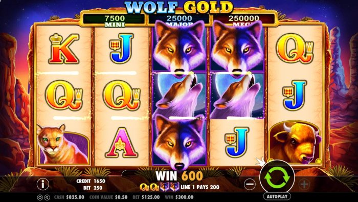 Stacked wolf wild symbols trigger multiple winning paylines awarding player with a 600 coin jackpot. by All Online Pokies