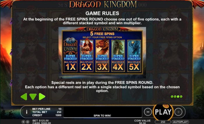 At the beginning of the Free Spins ROund choose one out of five options, each with a different stacked symbol and multiplier. by All Online Pokies