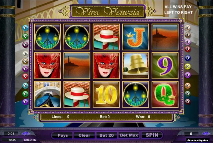 All Online Pokies - main game board featuring five reels and twenty paylines