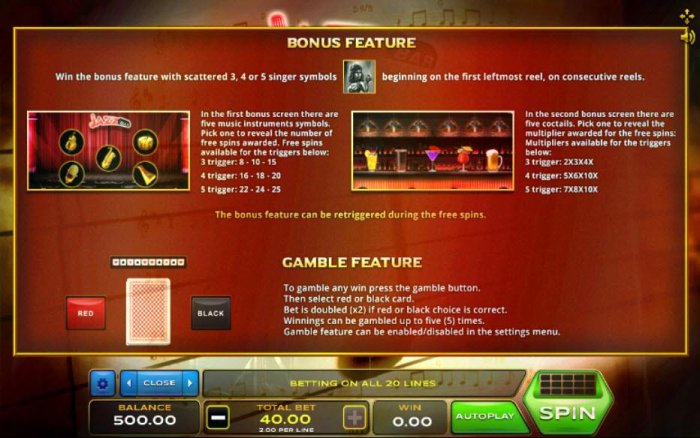 Bonus Feature - Win the bonus feature with scattered 3, 4 or 5 singer symbols beginning on the first leftmost reel, on consecutive reels. - All Online Pokies