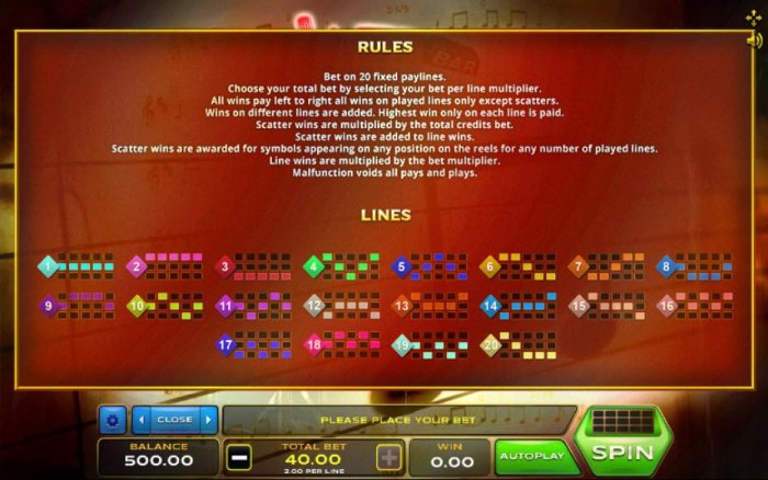 All Online Pokies - General Game Rules and Payline Diagrams 1-20