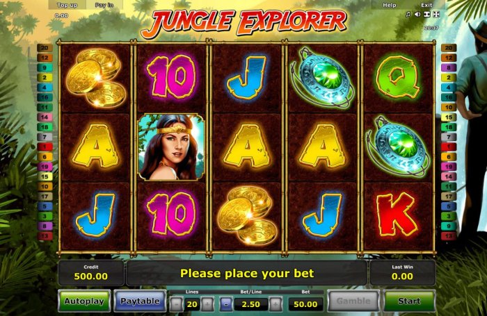 A jungle adventure themed main game board featuring five reels and 20 paylines with a $100,000 max payout - All Online Pokies