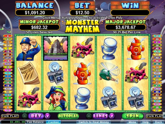 A monster invasion themed main game board featuring five reels and 50 paylines with a $250,000 max payout - All Online Pokies