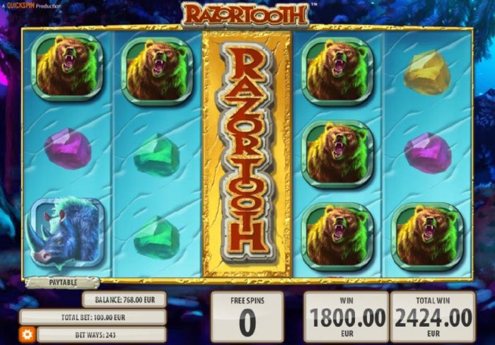 All Online Pokies - Savage Wild on 3rd reel triggers an 1,800.00 big win during free spins feature.