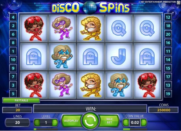 All Online Pokies - main game board featuring five reels and twenty paylines with a chance to win up to 230000 coins