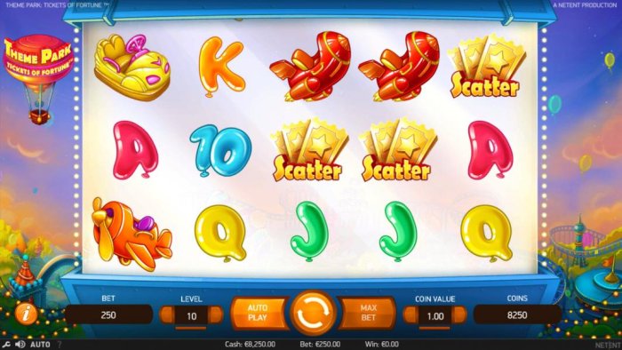 All Online Pokies - Three gold ticket scatter symbols trigger the Theme Park Ticket Wheel feature.