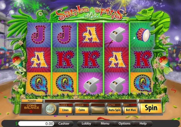 Main game board featuring five reels and fifty paylines - All Online Pokies