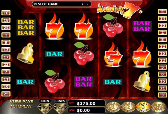 All Online Pokies - Main game board based on a fruit theme, featuring five reels and 25 paylines with a $500,000 max payout