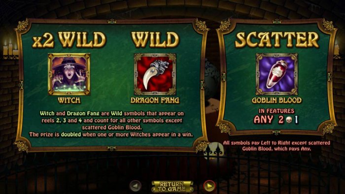 All Online Pokies - Witch and Dragon Fang are wild symbols that appear on reels 2, 3 and 4 and count for all other symbols except scattered Goblin Blood. The prize is doubled when one or more withes appear in a win.