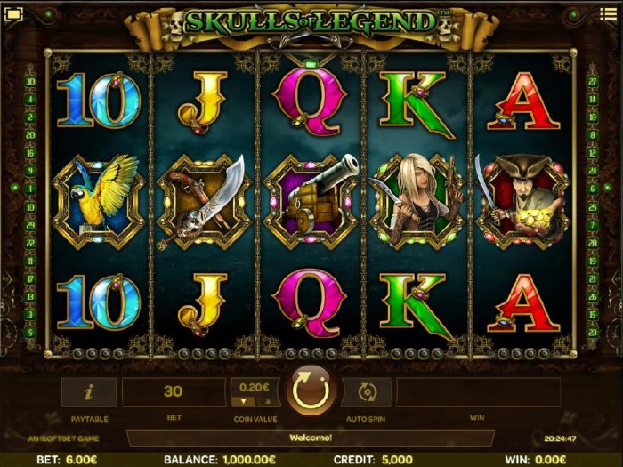 Main game board featuring five reels and 30 paylines with a $90,000 max payout - All Online Pokies