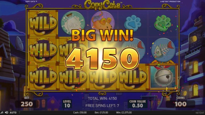 Copy Cats Wild Feature triggers a 4150 coin big win during the free games feature. by All Online Pokies