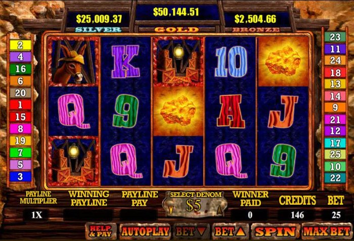 Main game board featuring five reels and 25 paylines with a progressive jackpot by All Online Pokies