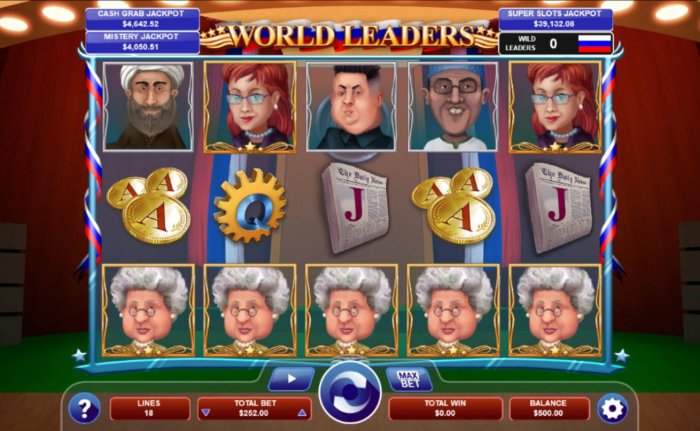 A political themed main game board featuring five reels and 18 paylines with a progressive jackpot max payout - All Online Pokies