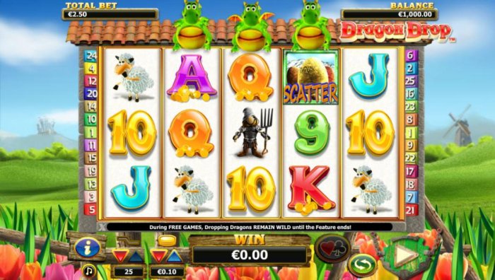 All Online Pokies - Main game board featuring five reels and 25 paylines with a $10,000 max payout
