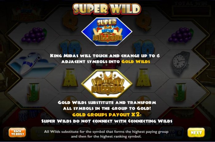 All Online Pokies - super wilds. king midas will touch and change up to 6 adjacent symbols into gold wilds.