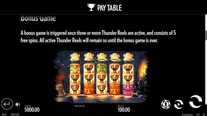 A bonus game is triggered once three or more Thunder Reels are active, and consists of 5 free spins. All active Thunder Reels will remain so until the bonus game is over. - All Online Pokies