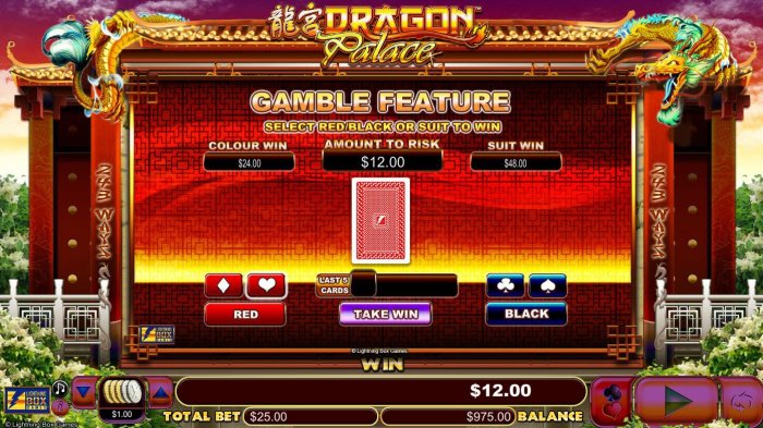 Gamble feature game board is available after every winning spin. For a chance to increase your winnings, select the correct color or suit of the next card or take win. - All Online Pokies