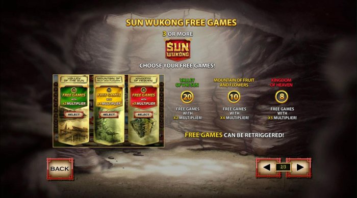 Three or more Sun Wukong logos triggers the Free Games feture - Choose from three different free games features to play. by All Online Pokies