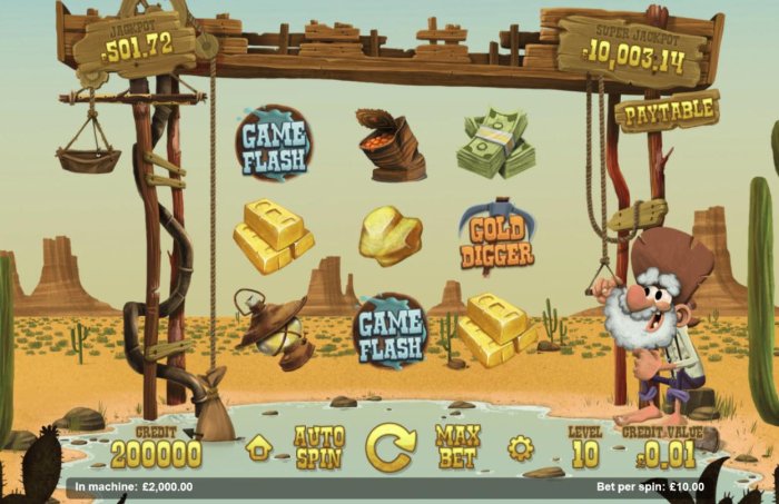 All Online Pokies - A gold prospecting themed main game board featuring three reels and 8 paylines with a progressive jackpot max payout