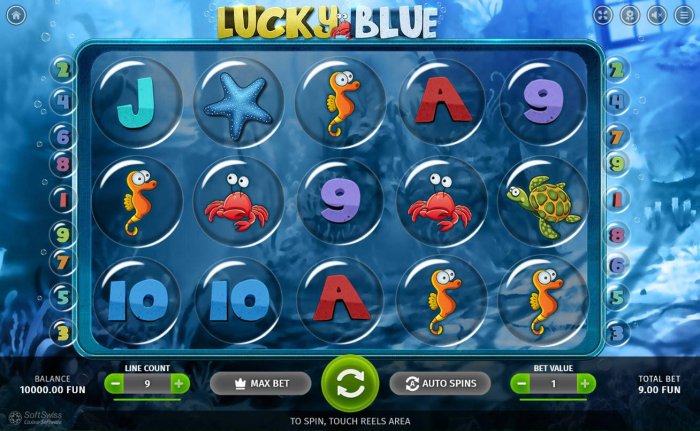 Main game board featuring five reels and 9 paylines with a $5,000 max payout. - All Online Pokies