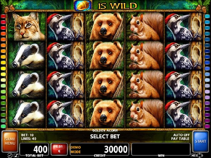 A forest woodland themed main game board featuring five reels and 40 paylines with a $200,000 max payout - All Online Pokies