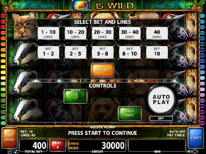 All Online Pokies - Select Bet and Lines - 1 to 40 Lines and 1 to 10 coins per line.