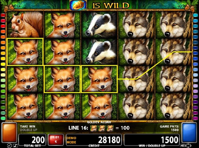 red Fox symbols align on reels 1, 2 and 3 to form multiple winning paylines laeading to a 1500 coin jackpot win. by All Online Pokies