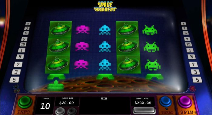 All Online Pokies - Main game board featuring five reels and 10 paylines with a $3,000 max payout