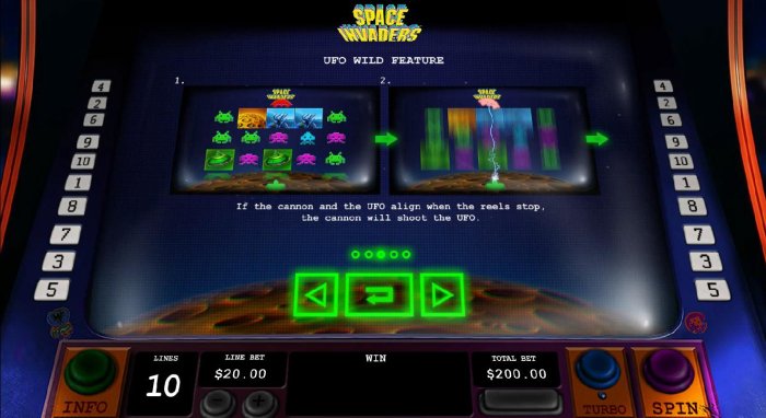 All Online Pokies - UFO Wild Feature - If the cannon and the UFO align when the reels stop, the cannon will shoot the UFO.