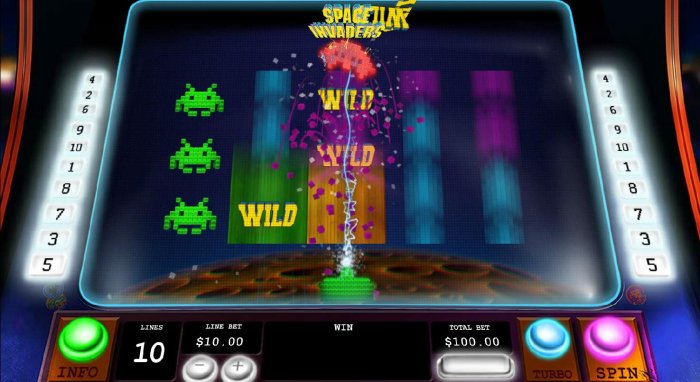 UFO Wild feature triggered, cannon shoots the UFO producing wilds on the reels. - All Online Pokies